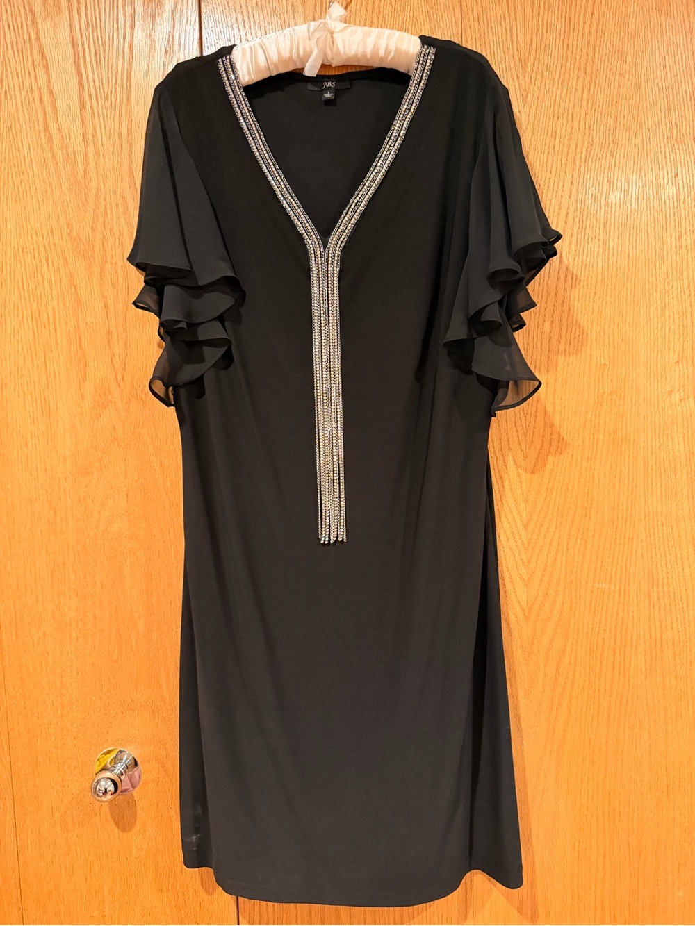 J.B.S. Black Midi Dress with Beaded Tassel V-Neck
